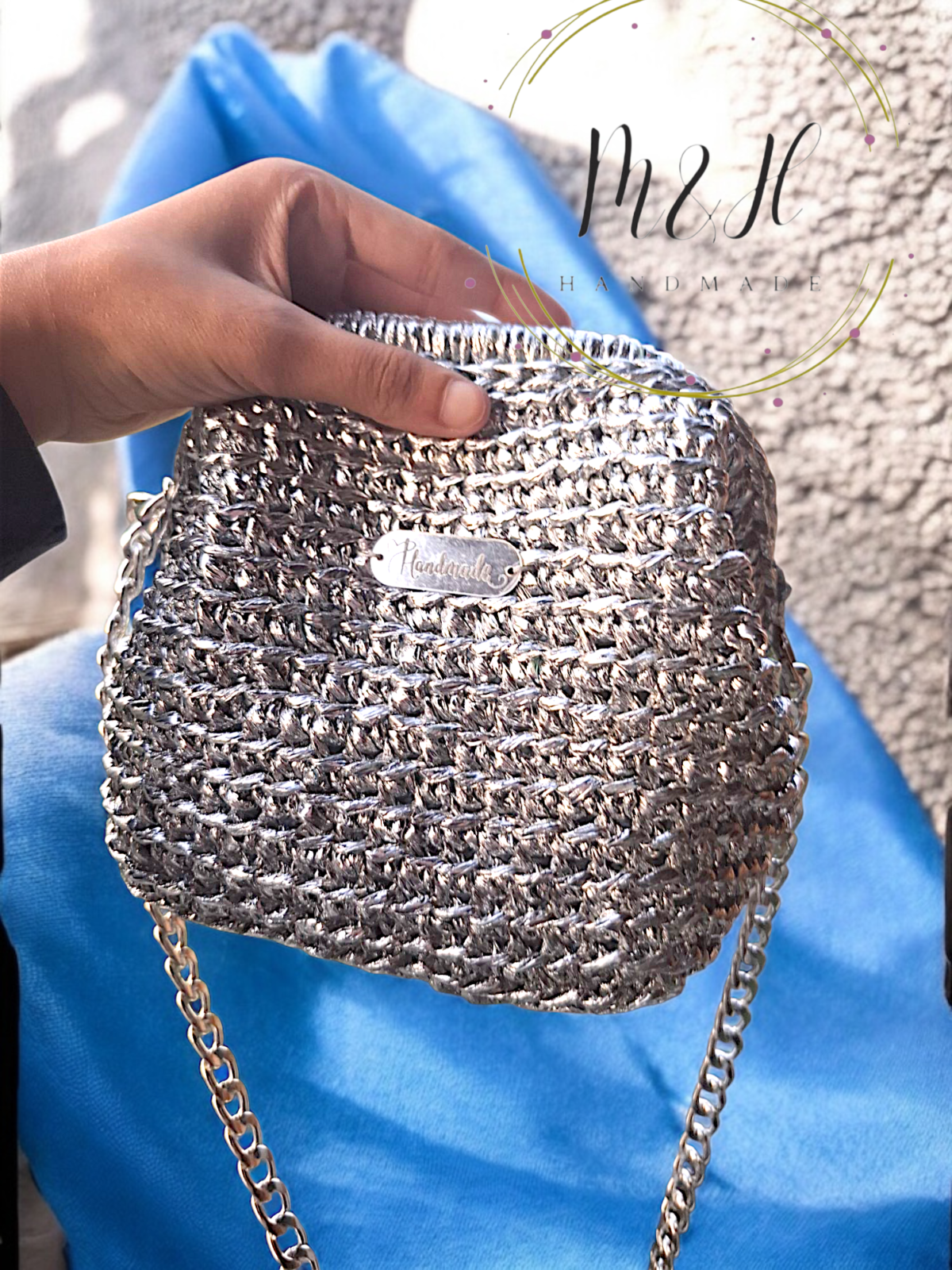 👜 شنطة سهرة كروشيه فضي – Handmade Silver Evening Bag - Image 2